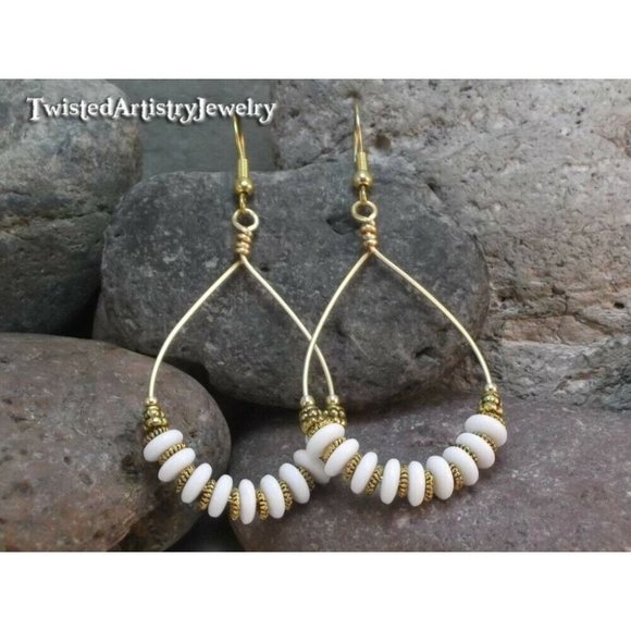 Twisted Artistry Jewelry Jewelry - White Czech Glass Beaded Gold Teardrop Hoop Earrings One-of-a-Kind Handmade